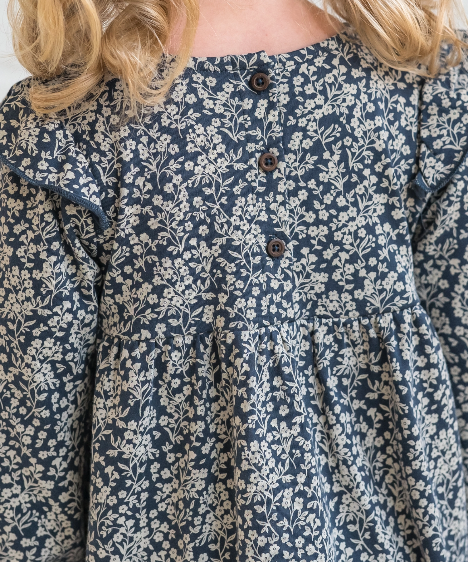Mika Ruffle Long Sleeve Dress – Chicory Floral / Navy – 100% Organic Cotton Colored Organics