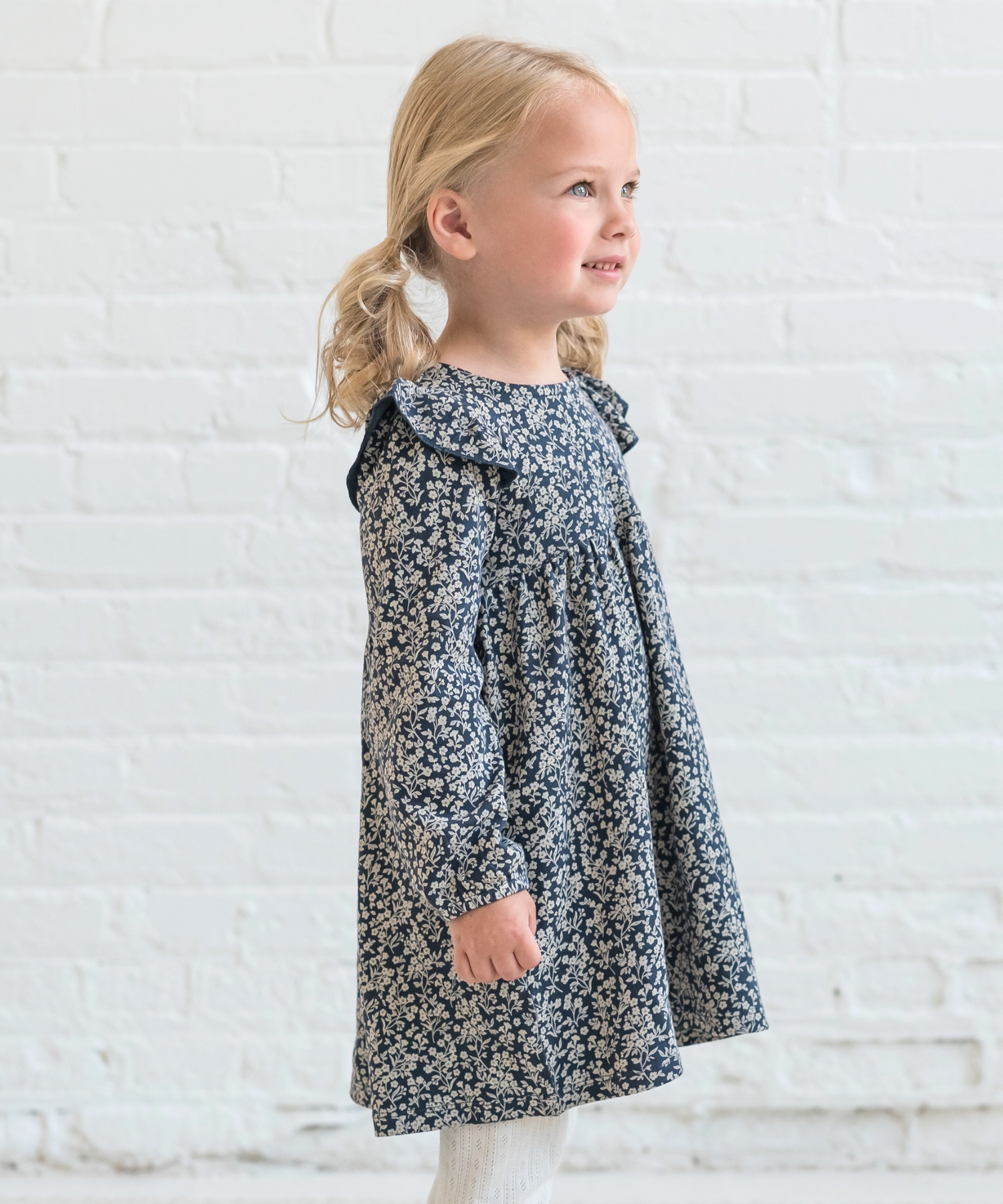 Mika Ruffle Long Sleeve Dress – Chicory Floral / Navy – 100% Organic Cotton Colored Organics